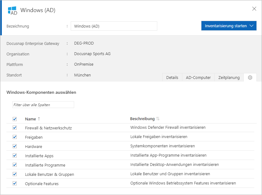 Auswahl der Windows-Komponenten für die Inventarisierung von Windows-Systemen