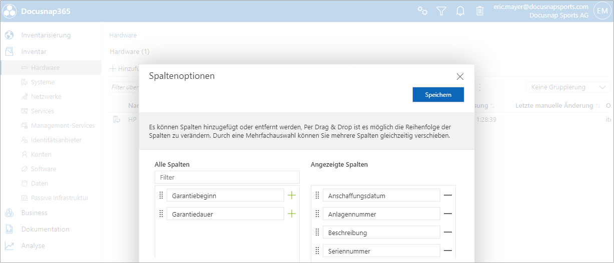 Liste Hardware - Anlagennummer anzeigen Customizing | Schnellstart | Anlagennummer anzeigen