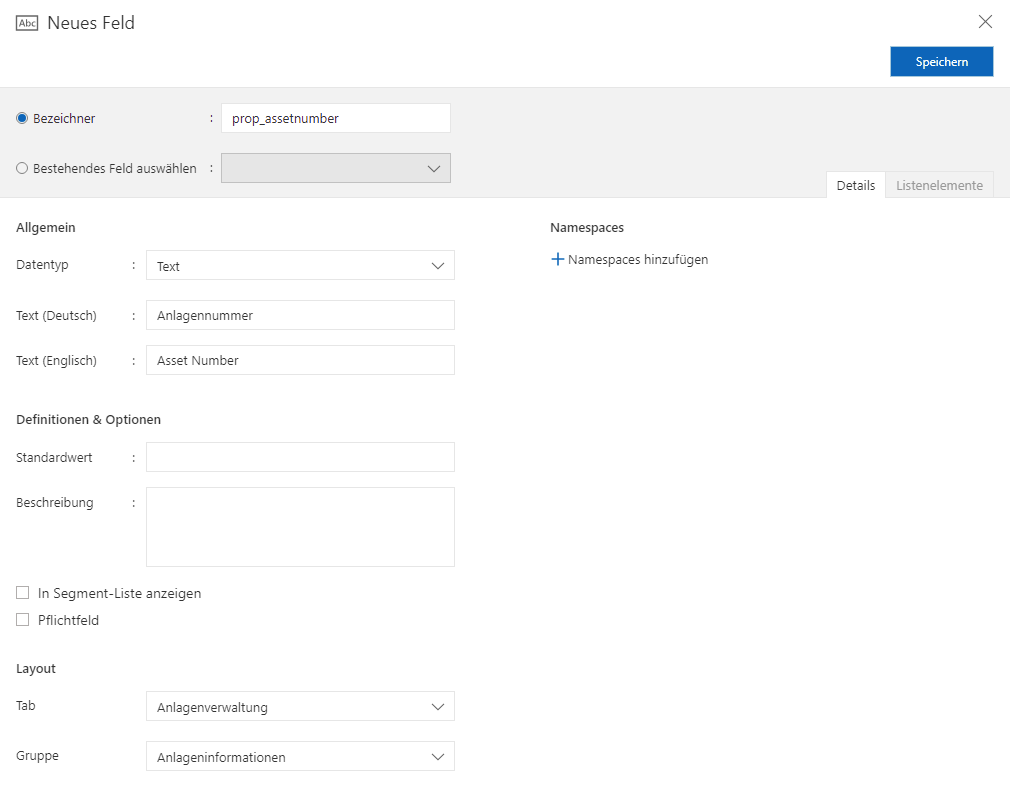 Neues Feld Anlagennummer Customizing | Schnellstart | Neues Feld Anlagennummer