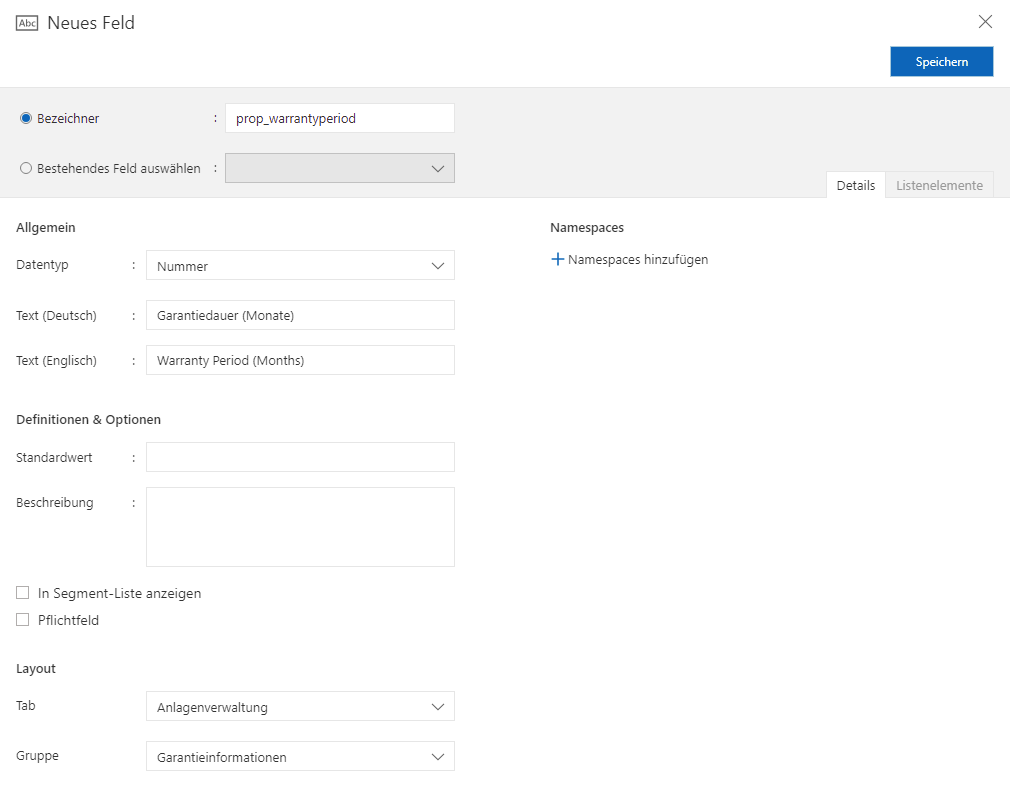 Neues Feld Garantiedauer Customizing | Schnellstart | Neues Feld Garantiedauer