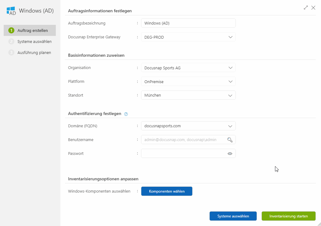 Erstes Assistenten-Layout - Speicherung der Anmeldeinformationen