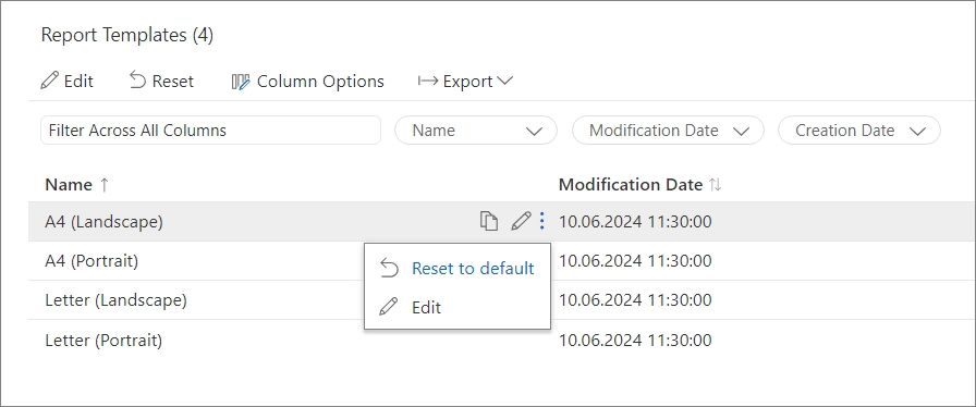 Resetting a Report Template