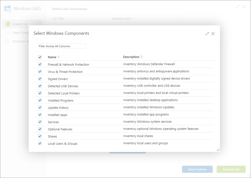 Selection of Windows components for the inventory of Windows systems