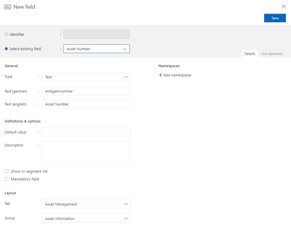 Customizing | New Field  