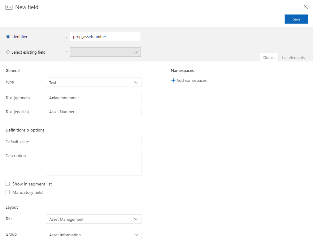 New field Asset number Customizing | Quick Start | New field Asset number
