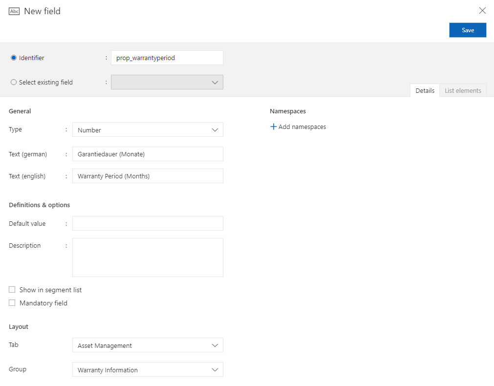 New field Warranty period Customizing | Quick Start | New field Warranty period