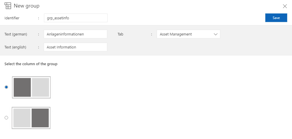 New group Asset Information Customizing | Quick Start | New group