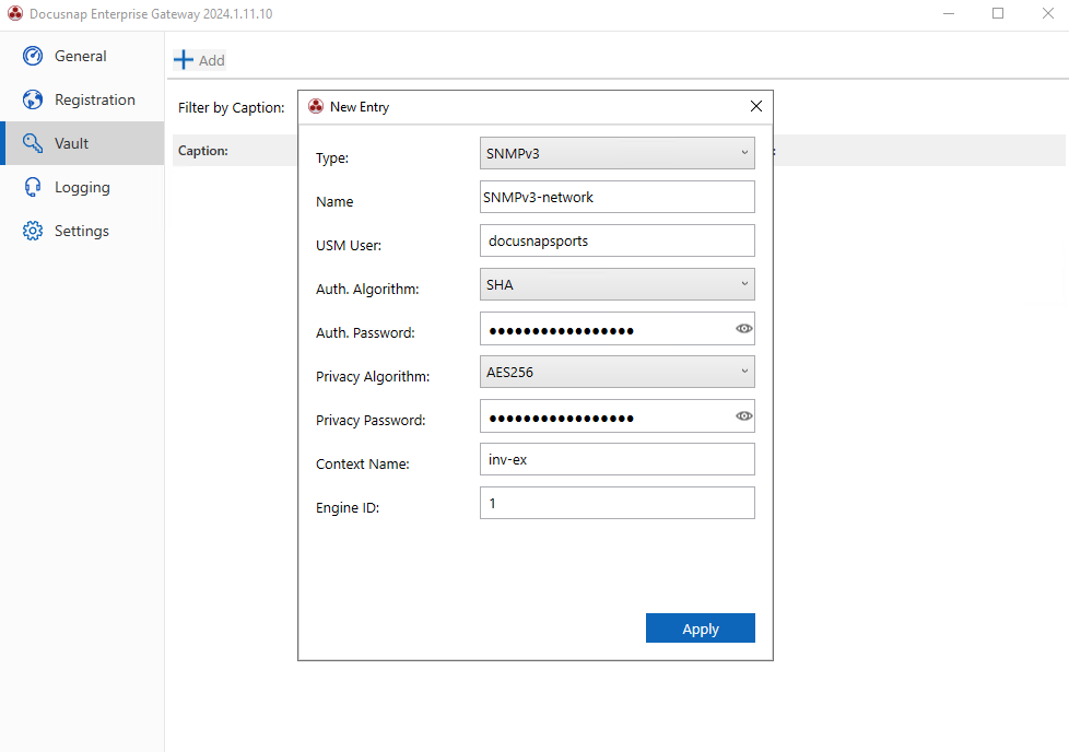Storage of SNMPv3 information in the Docusnap Enterprise Gateway vault